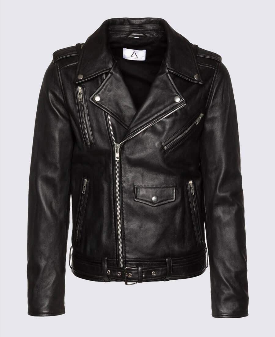 Trent Black Asymmetrical Belted Moto Leather Jacket