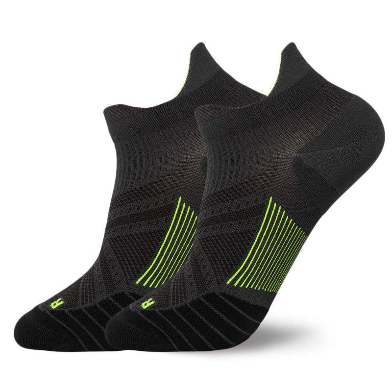 Compression Socks - Quick-Dry Low-Cut in black with green stripes, designed for women to boost circulation and reduce swelling.