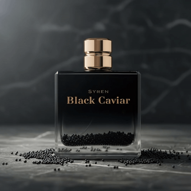 Syren - Black Caviar fragrance bottle with black and gold design on a dark textured background, conveying luxury and elegance.