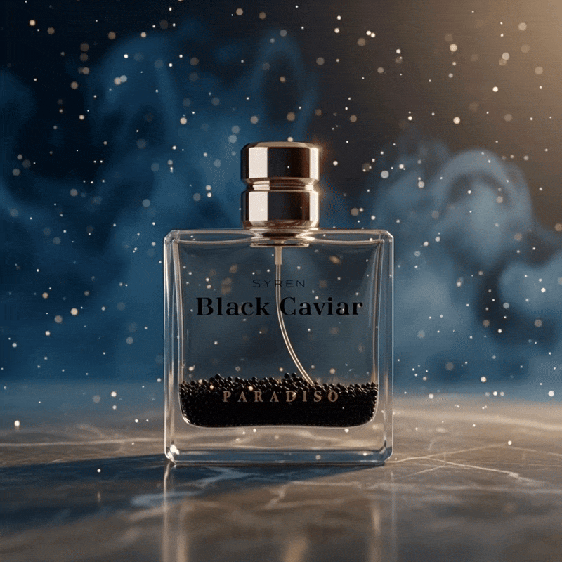 Syren - Black Caviar Paradiso fragrance bottle with mist backdrop