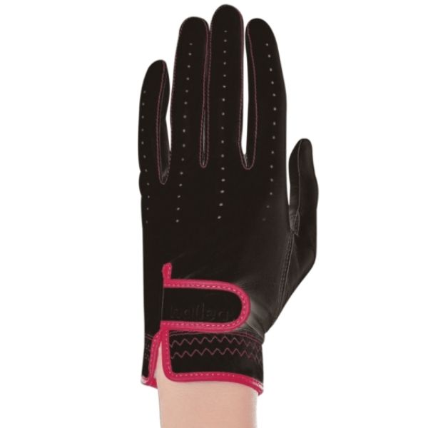 Premium Standard Golf Gloves - Colored in black with pink trim, designed for female golfers, featuring standard sizing for optimal grip.