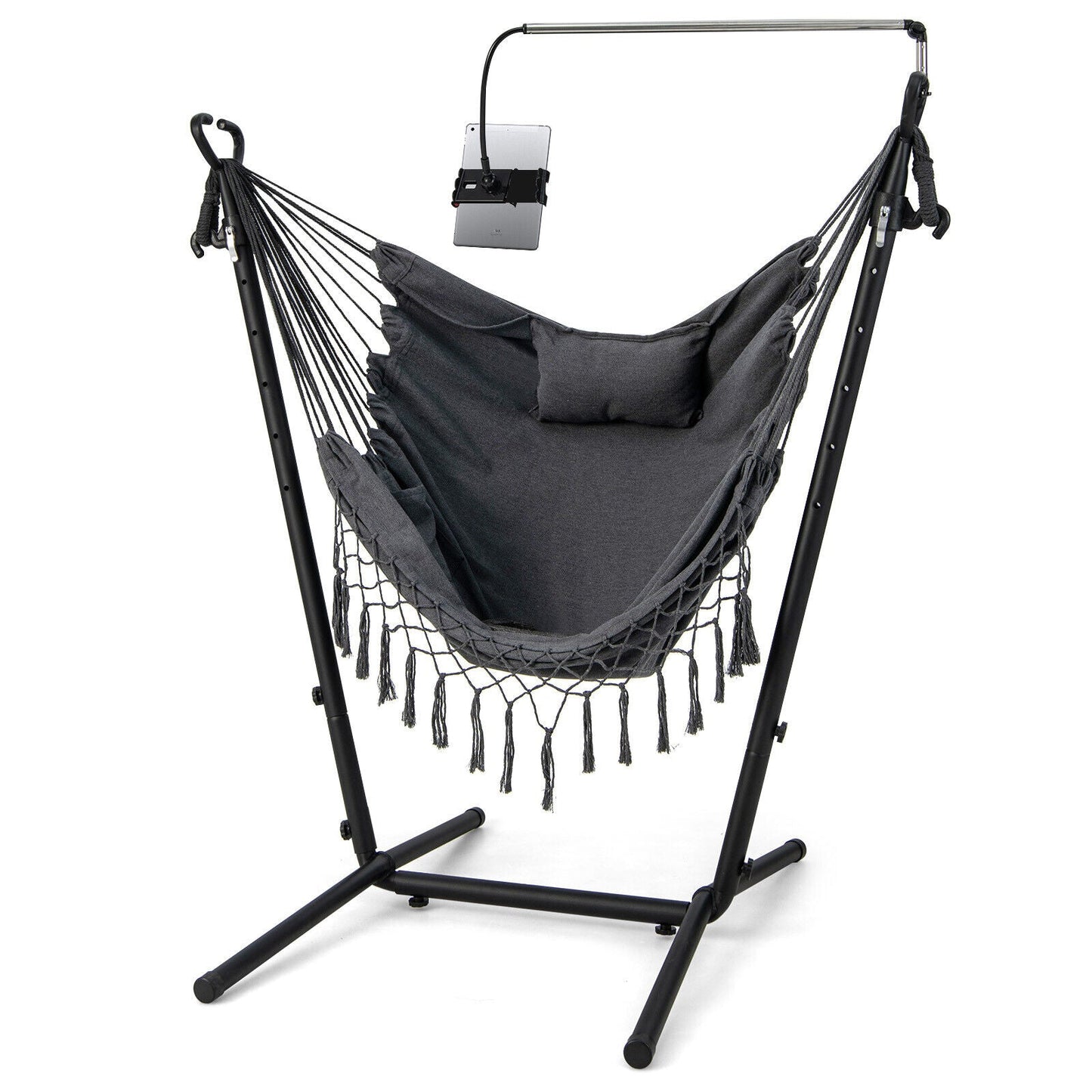 Height Adjustable Hammock Chair with Phone Holder and Side Pocket-Gray, features U-shaped stand and 100% cotton for comfort