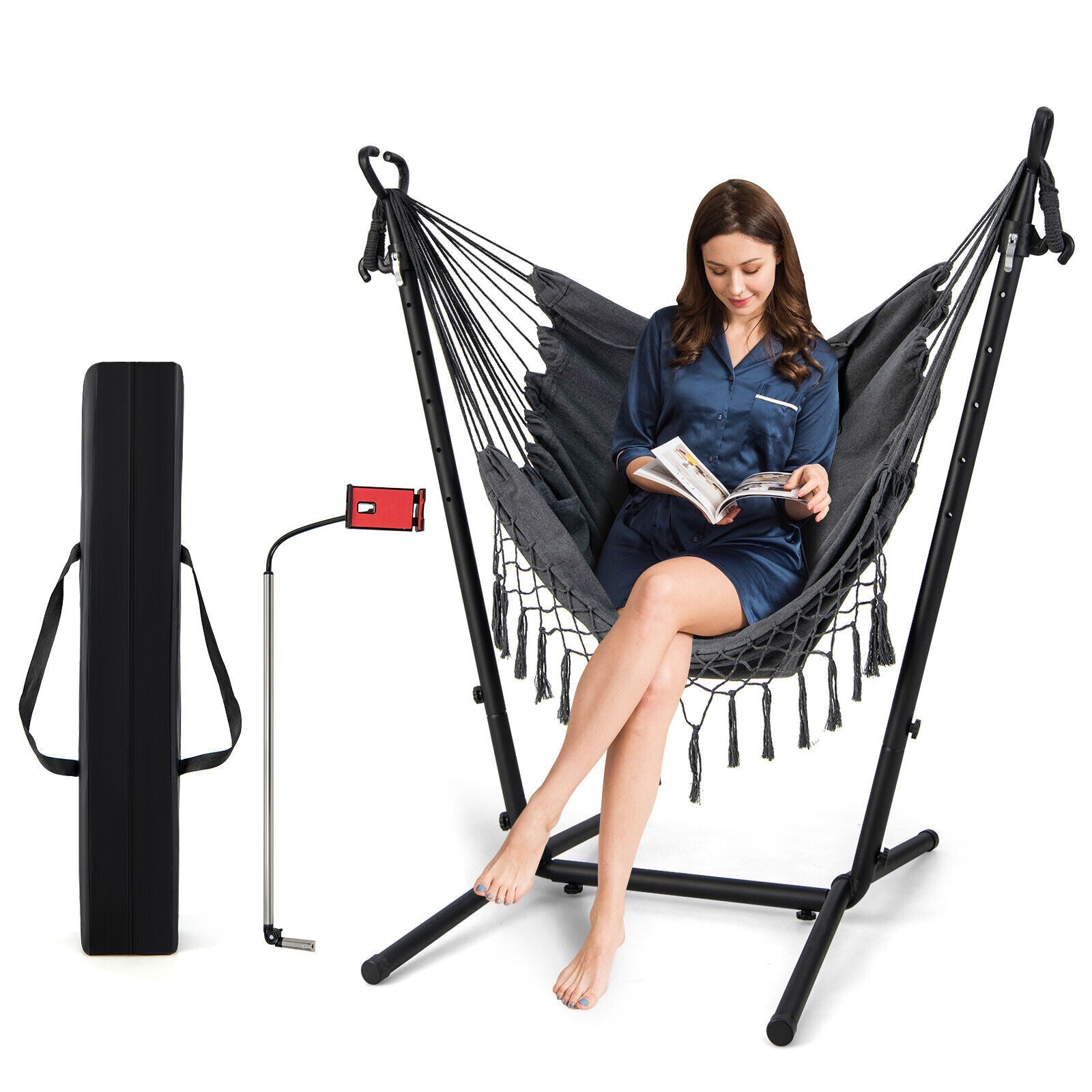 Woman relaxing in Height Adjustable Hammock Chair with Phone Holder and Side Pocket-Gray, reading, showcasing comfort and functionality.