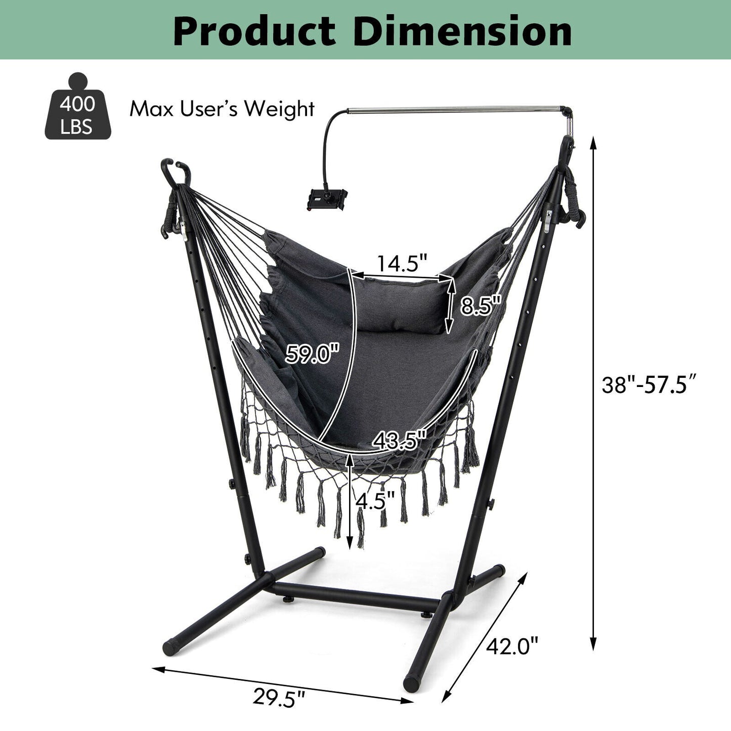 Height Adjustable Hammock Chair with Phone Holder and Side Pocket-Gray showing dimensions and weight capacity
