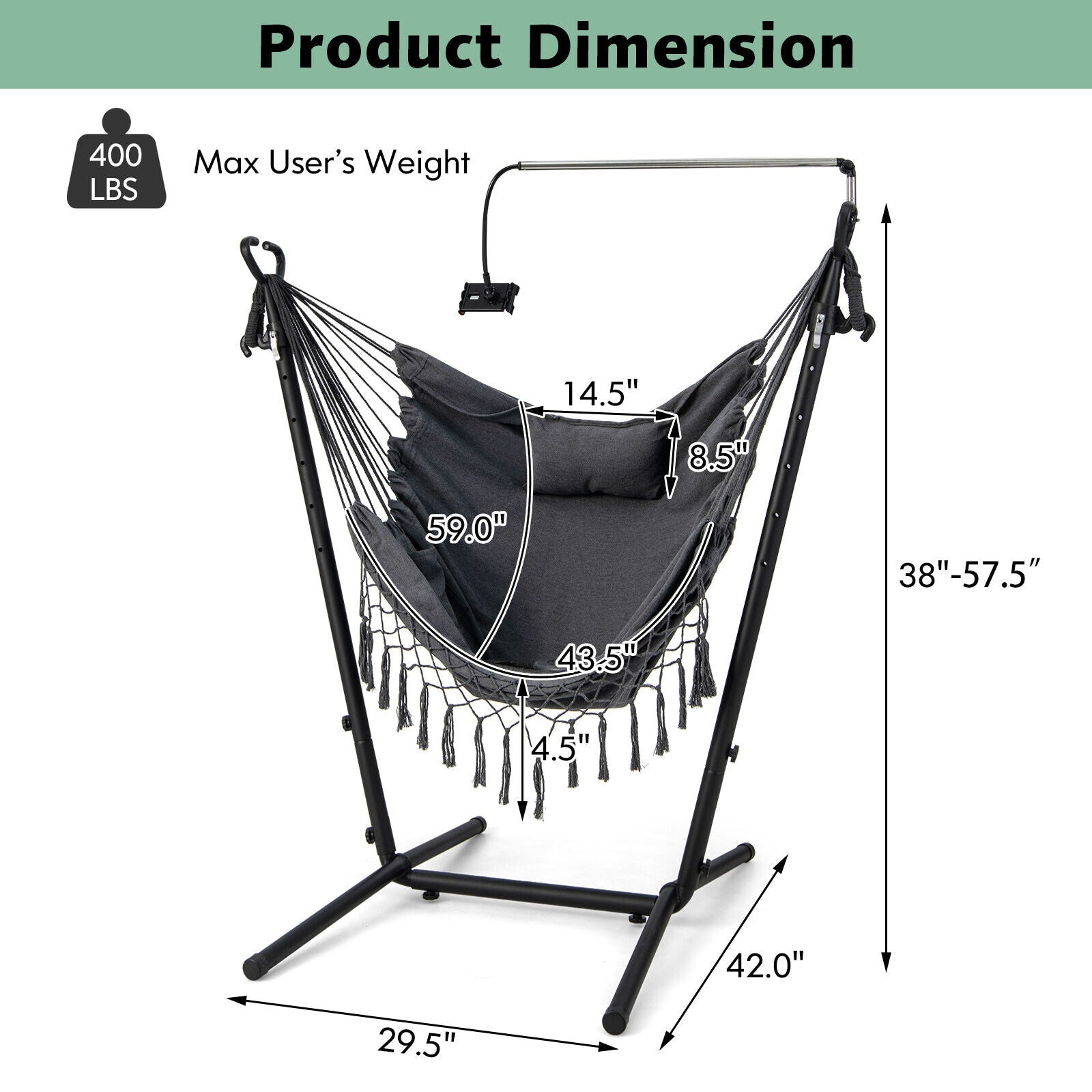 Height Adjustable Hammock Chair with Phone Holder and Side Pocket-Gray showing dimensions and weight capacity
