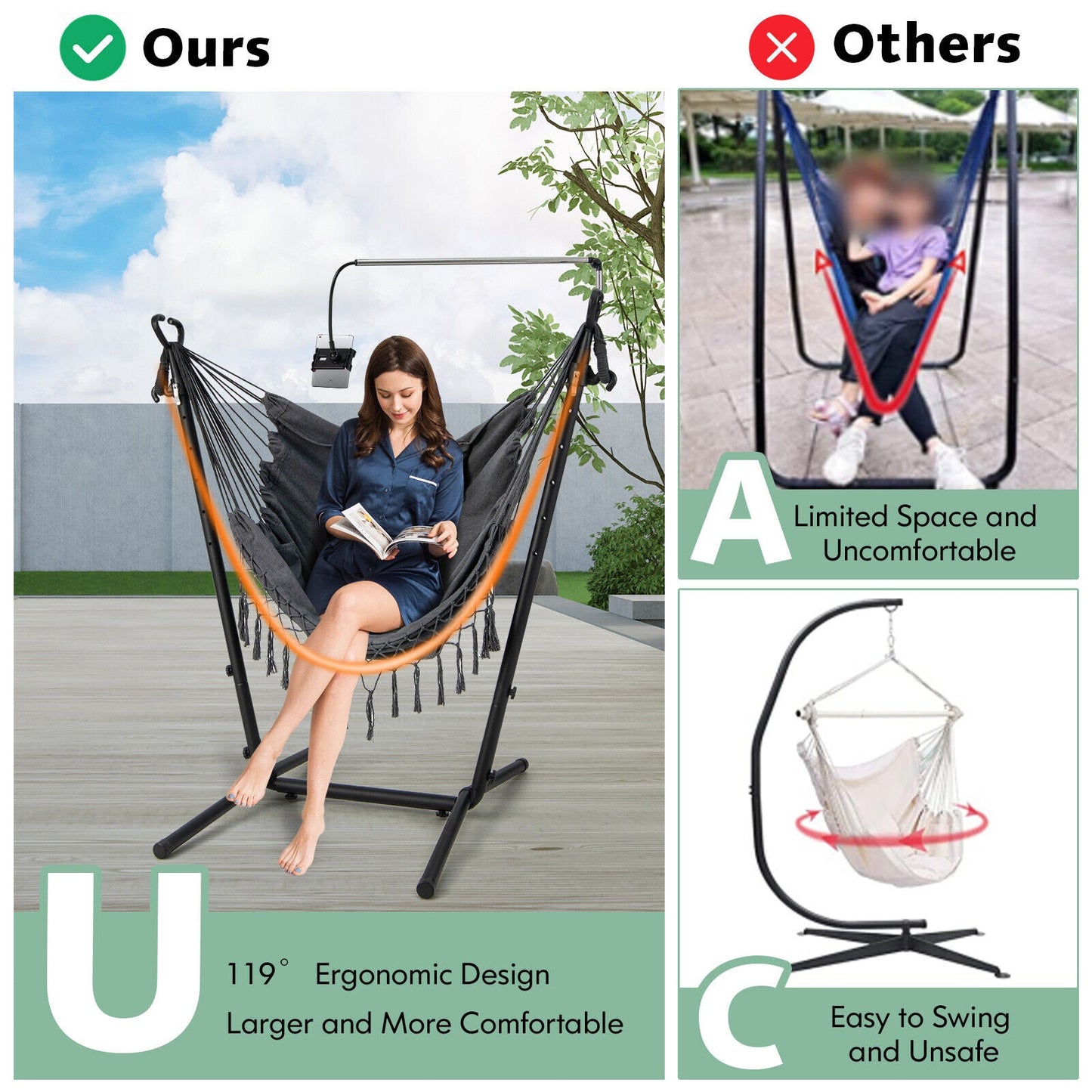 Height Adjustable Hammock Chair with Phone Holder and Side Pocket-Gray featuring ergonomic U-shaped design and comfort comparison.