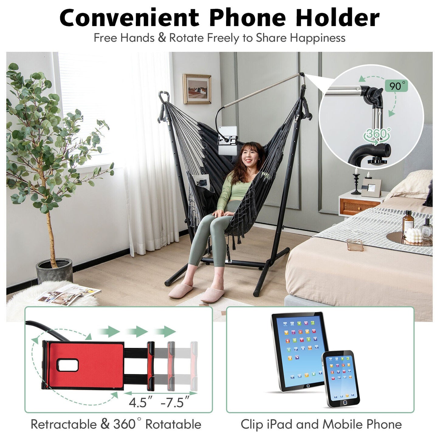 Woman sitting in a Height Adjustable Hammock Chair with Phone Holder and Side Pocket-Gray, demonstrating phone holder features.