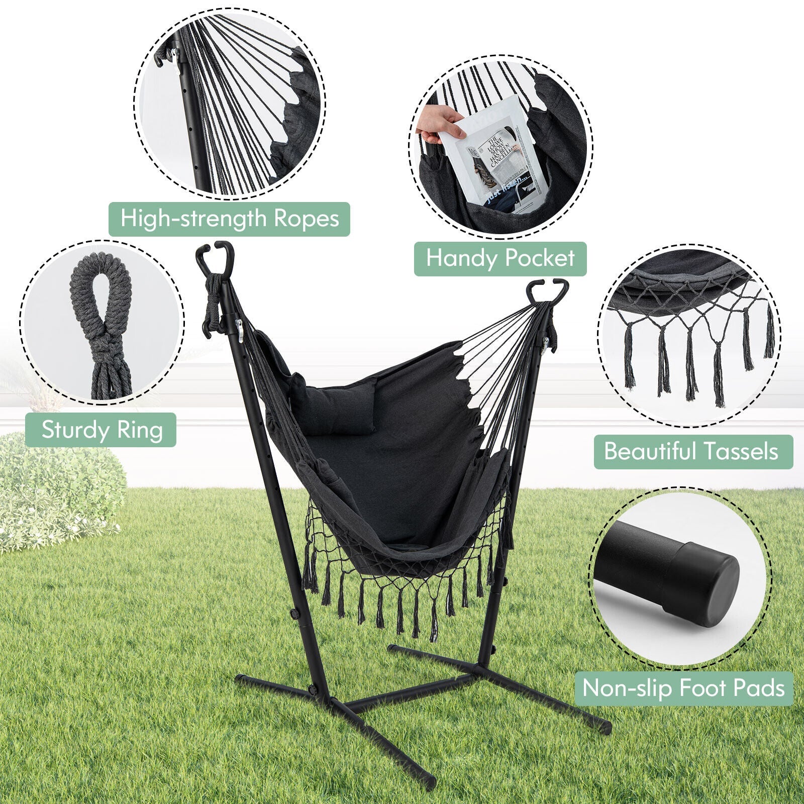 Height Adjustable Hammock Chair with Phone Holder and Side Pocket-Gray featuring high-strength ropes and non-slip foot pads