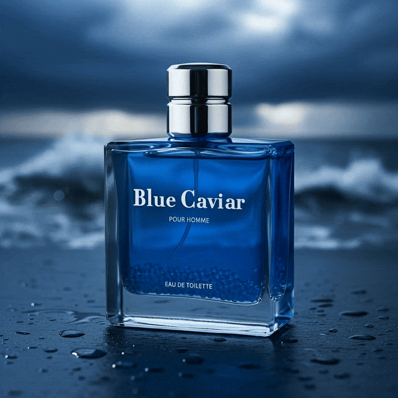 Syren - Blue Caviar perfume bottle with ocean background, symbolizing a crisp, refined fragrance for men.