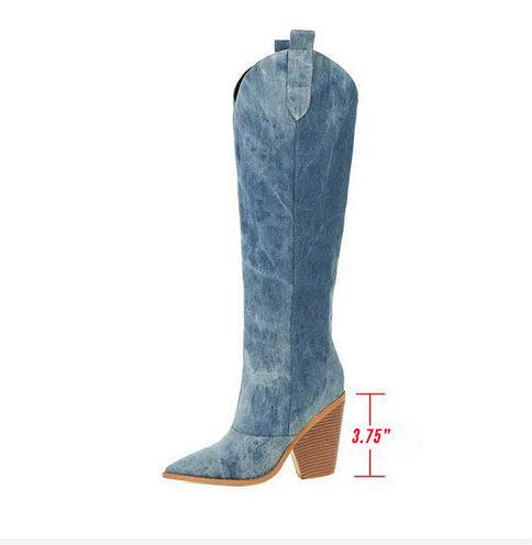 Tie Dye Denim Knee-High Cowgirl Boots with 3.75-inch heel and vibrant tie-dye denim design.