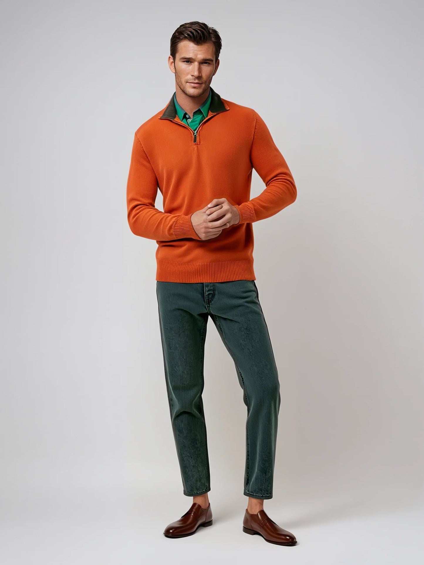 Model wearing orange Cashmere Blend Quarter Zip with green shirt and dark pants