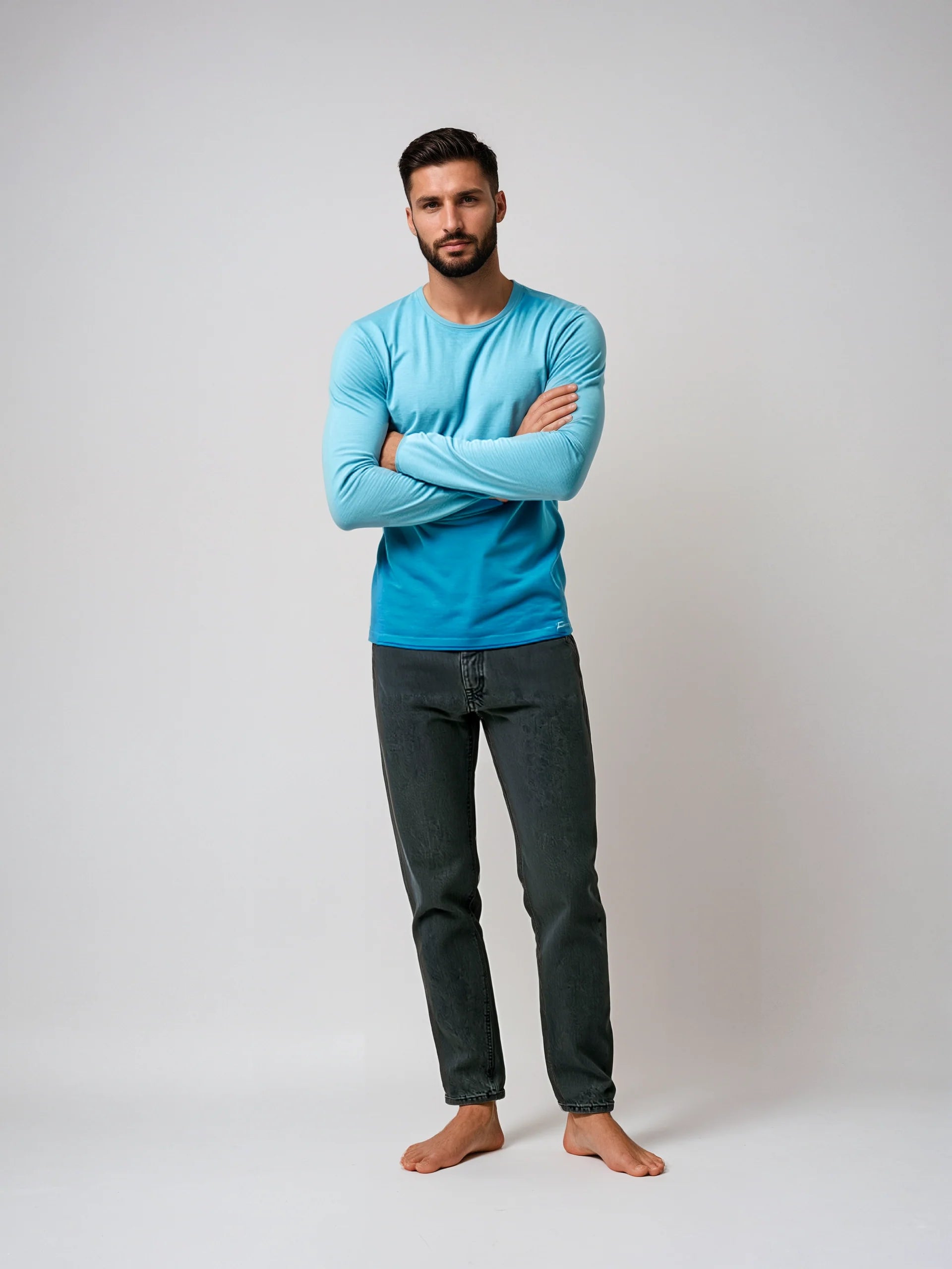 Person wearing a blue Long Sleeve Sweater with ombré design, showcasing casual stylish fit, ideal for both formal and relaxed occasions.