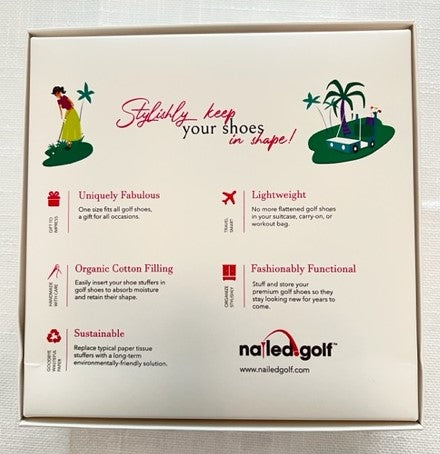 Box design for Golf Shoe Dust Bags with benefits outlined such as stylish protection, sustainable materials, and organic cotton filling.