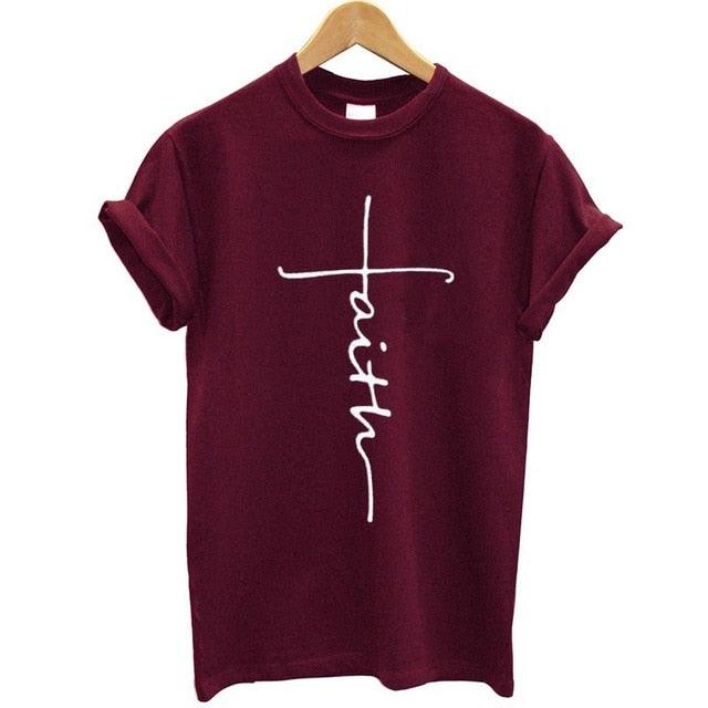 The Cross T-Shirt | Country Girl Faith Shirt for Spring & Summer, featuring a burgundy design with a white cross and the word "faith".