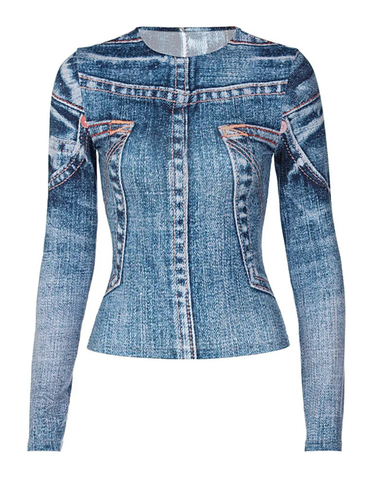 Denim Illusion Long Sleeve Top – Comfortable & Stylish Cowgirl Wear with denim-inspired print for casual outings.