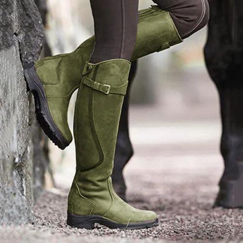 Vintage Ride Leather Boots - Stylish Retro Riding Boots for Trendy Women in Moss Green