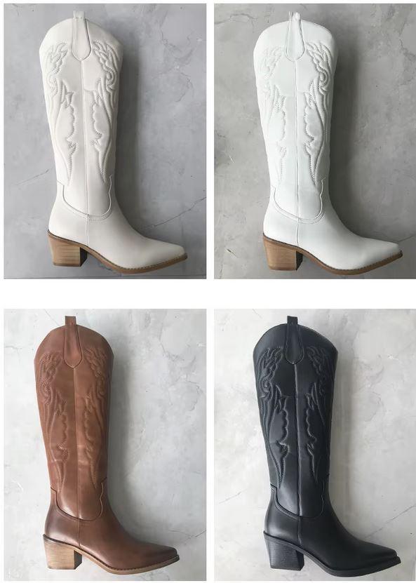 Western Chic Cowboy Boots | Stylish Chunky Heel Knee High Boots for Cowgirls in white, brown, and black colors displayed on a gray background