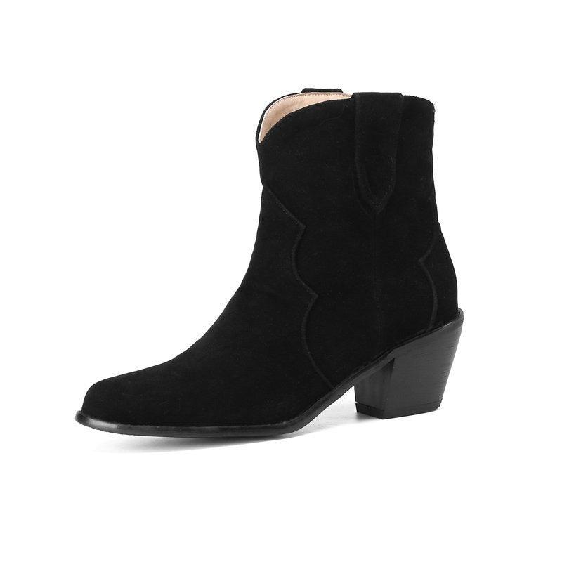 Cowgirl Chic Suede Ankle Boots - Stylish High Heel Cowgirl Boots for Women showcasing black suede with a thick heel and round toe.