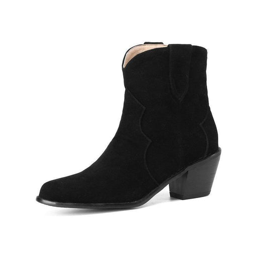 Cowgirl Chic Suede Ankle Boots - Stylish High Heel Cowgirl Boots for Women showcasing black suede with a thick heel and round toe.