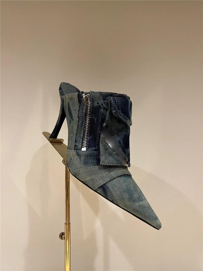 Women Pocket Denim Pointed Toe Heeled Ankle Boots displaying elegant contemporary design with premium PU denim material.