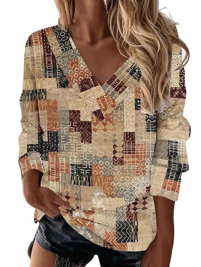 Boho Western V-Neck Long Sleeved Top – Stylish Cowgirl Fashion with Geometric Patterns in vibrant colors.