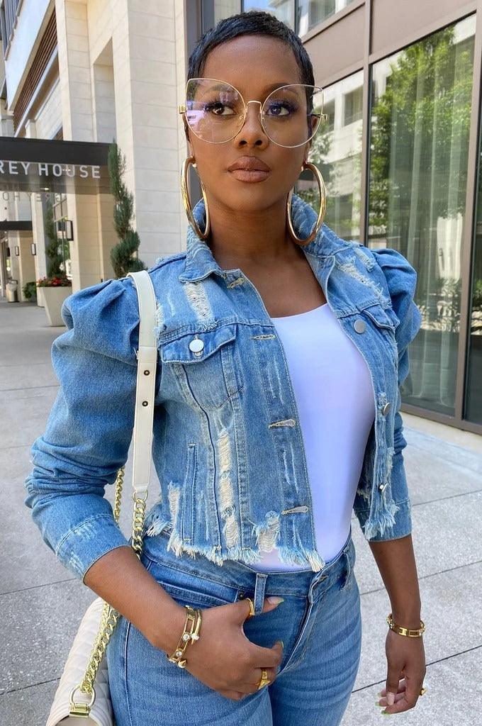 Chic Distressed Denim Puffy Sleeves Jacket – Fashionable Cropped Jean Jacket styled with hoop earrings and a white top outdoors