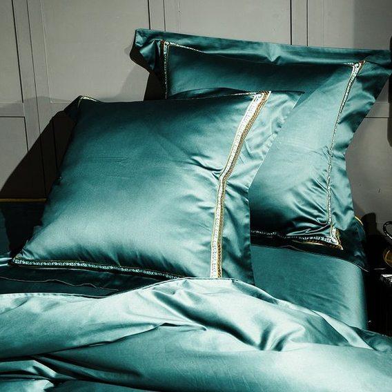 Edmund the Old Duvet Cover Set (Egyptian Cotton) featuring elegant teal satin bedding and pillowcase
