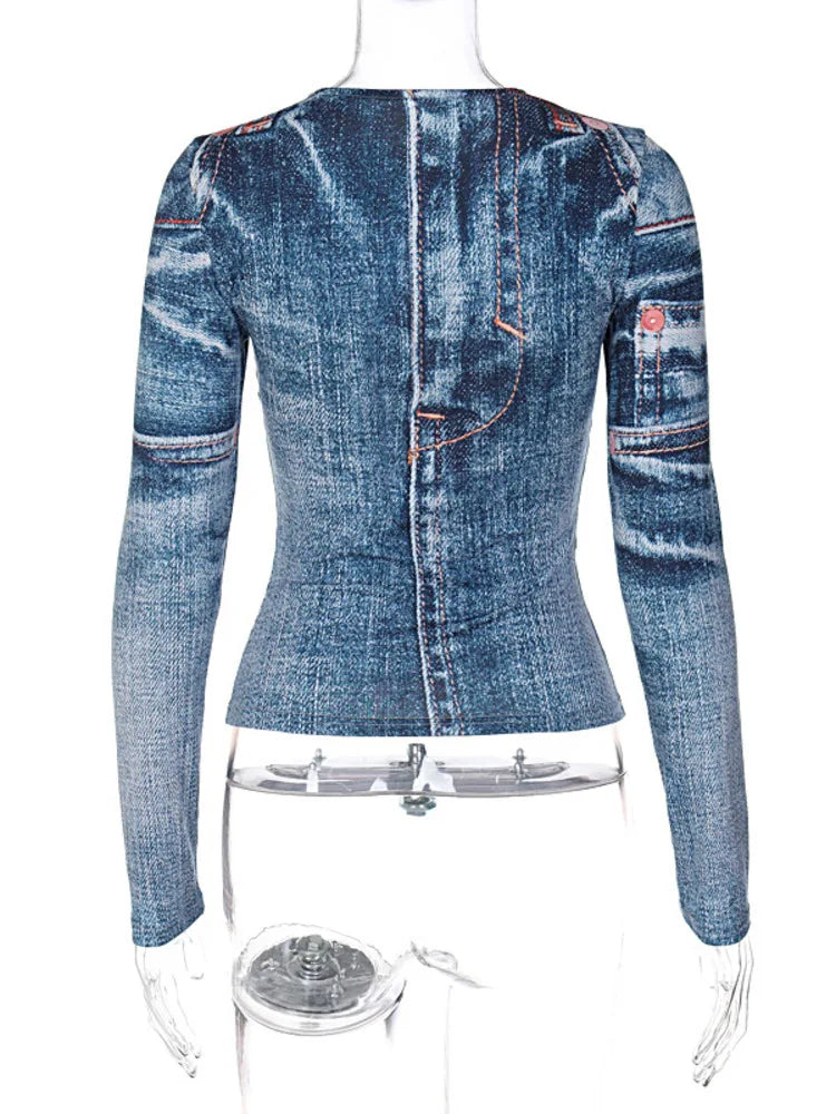 Denim Illusion Long Sleeve Top – Comfortable & Stylish Cowgirl Wear in denim-inspired print, rear view with sleek fit.