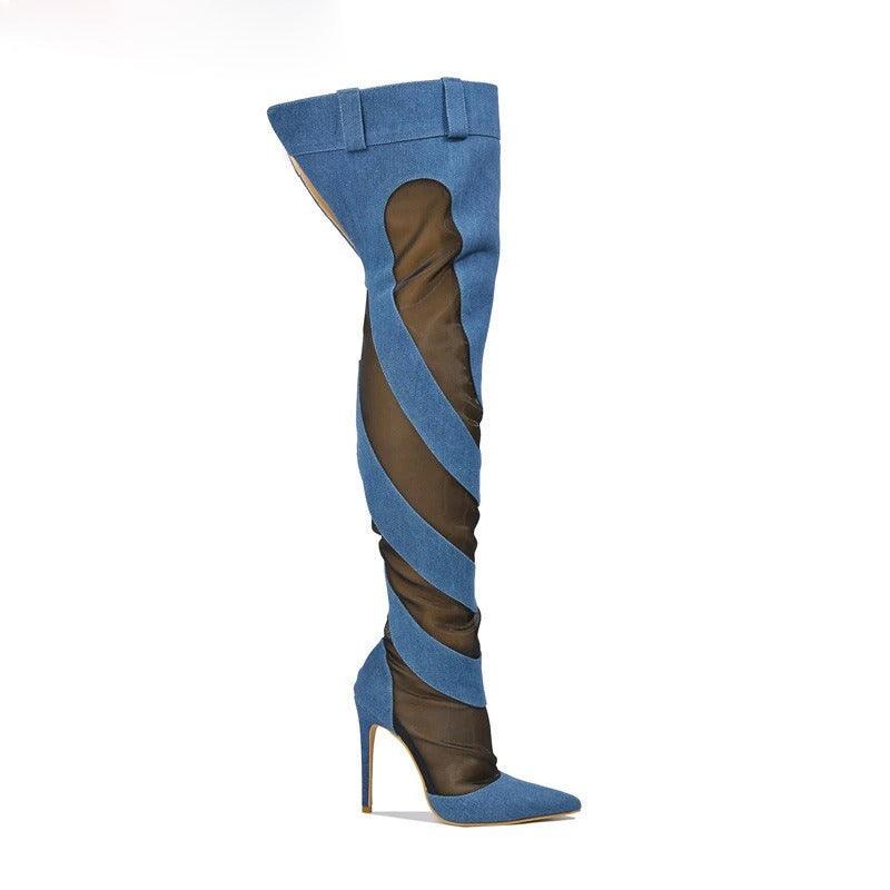 Patchwork Thigh High Knee Boots - Brazen Blue & Jet Black | Ultra High Heels with spiral patchwork pattern and stiletto heel.