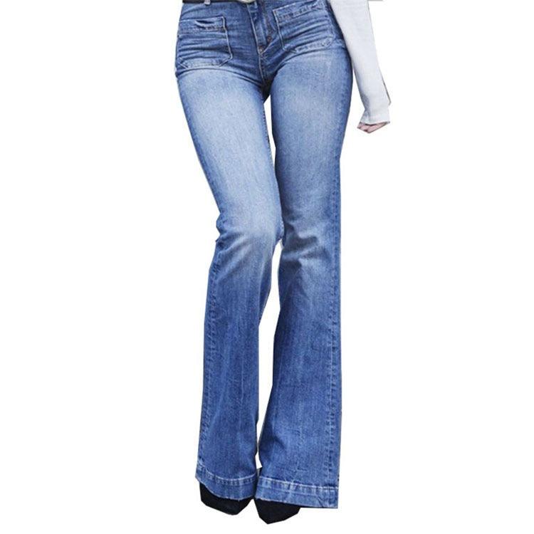 Cowgirl Chic Wide Flare Jeans - Stylish Denim Flare Pants for Trendy Women in dark blue with micro-flared legs.