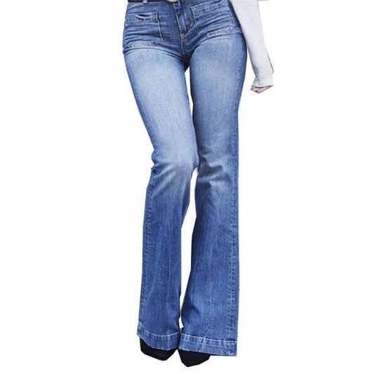 Cowgirl Chic Wide Flare Jeans - Stylish Denim Flare Pants for Trendy Women in dark blue with micro-flared legs.