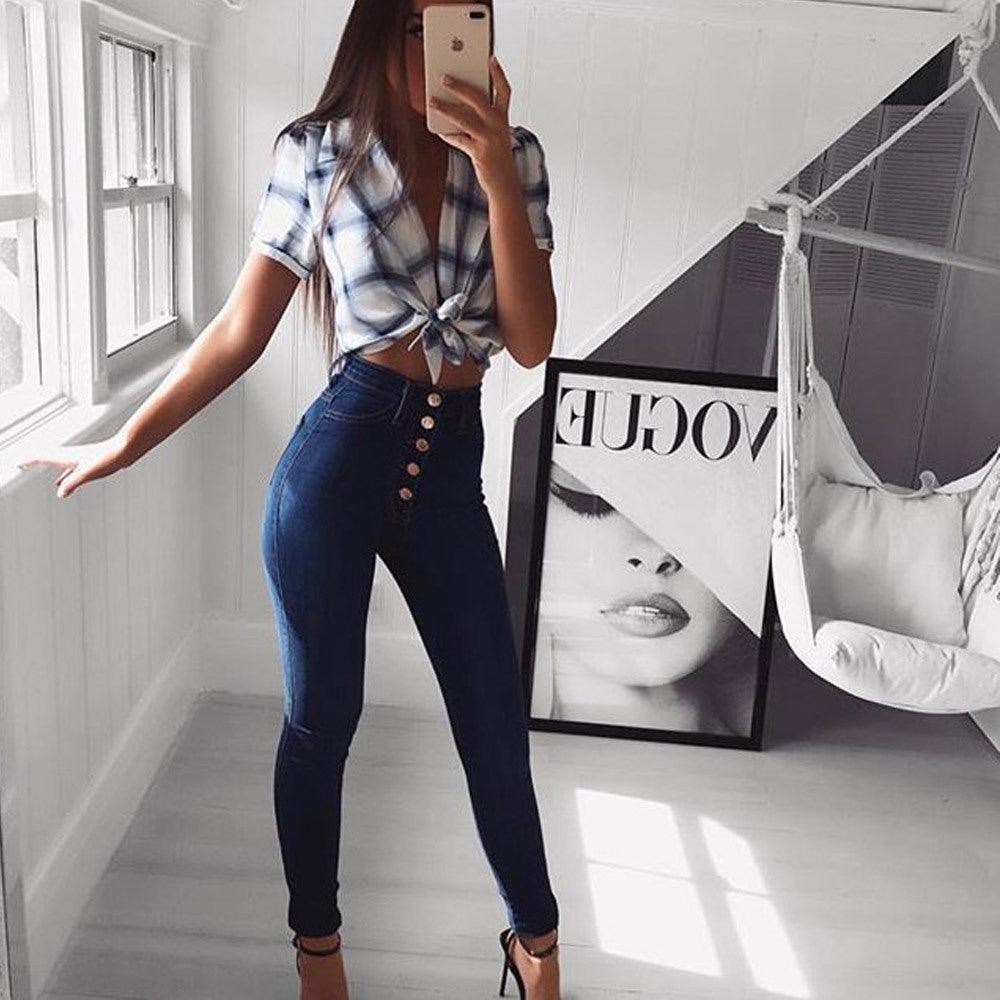 Cowgirl Chic High Waisted Skinny Jeans - Stylish and Comfortable Denim Jeans for Women, showcasing slim fit and retro button fly.