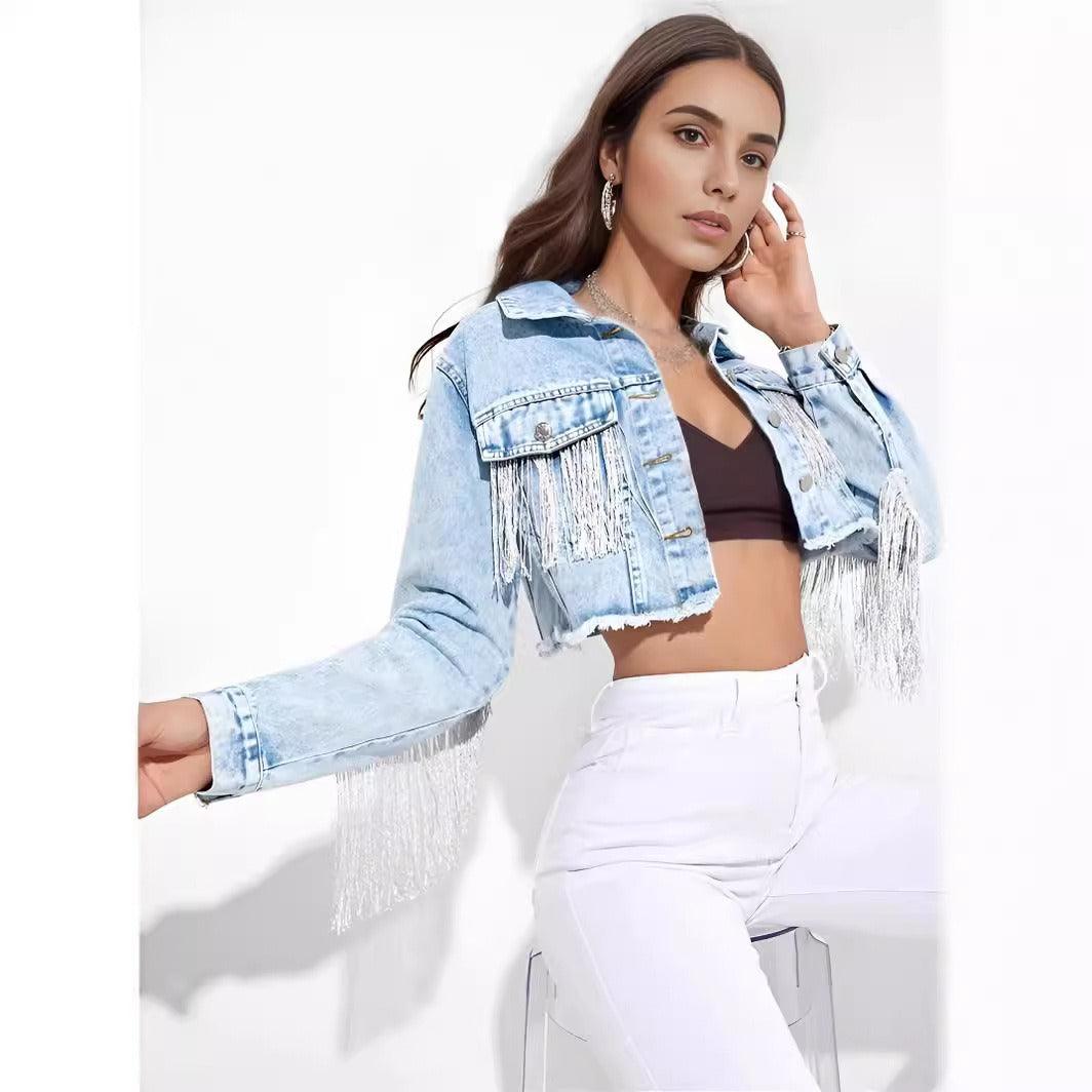 Model wearing the Fringe Rider Short Denim Jacket with fringe detailing, exuding vintage cool and contemporary flair.