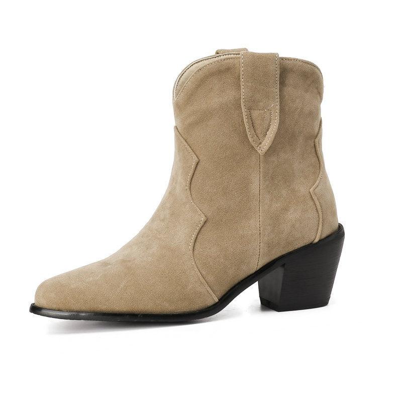 Cowgirl Chic Suede Ankle Boots - Stylish High Heel Cowgirl Boots for Women with 3-inch lift and waterproof platform.