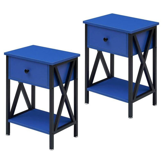Set of 2 - 1 Drawer Nightstand in Dark Blue and Black with X-shaped accents and open shelf; rustic bedside tables made of steel and wood.