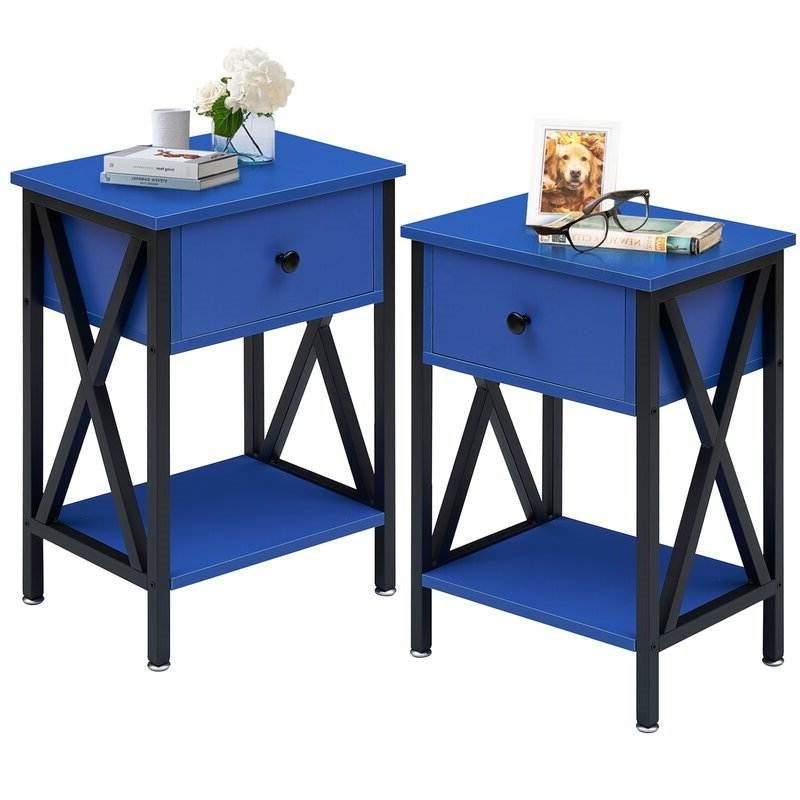Set of 2 - 1 Drawer Nightstand in Dark Blue and Black with open shelf and X-shaped accents. Perfect for bedroom decor.