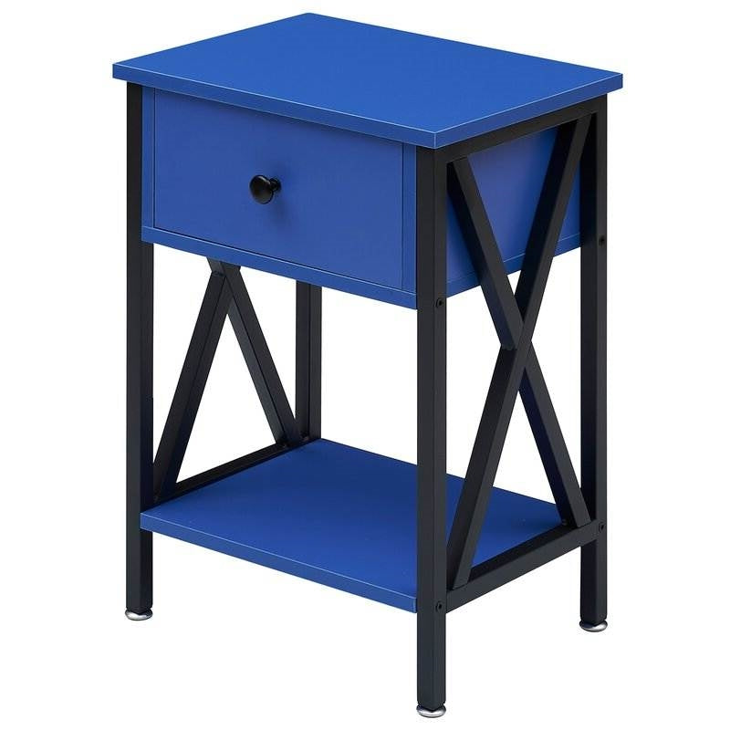 Set of 2 - 1 Drawer Nightstand in Dark Blue and Black with rustic X-shaped side accents and black handle, made from steel and wood.