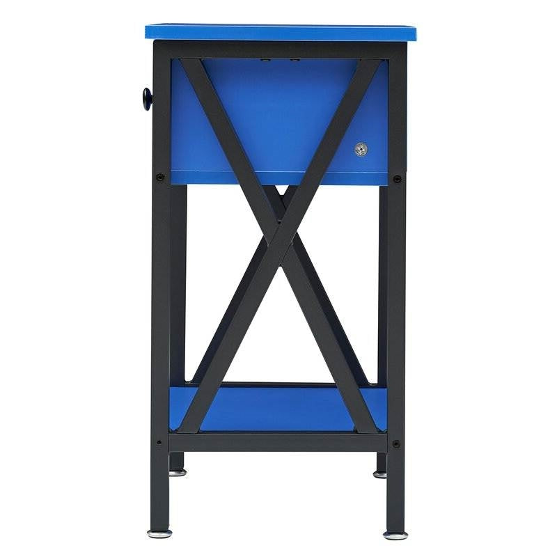 Front view of Set of 2 - 1 Drawer Nightstand in Dark Blue and Black with steel frame and X-shaped accents