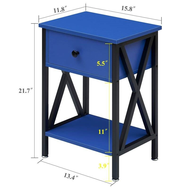 Set of 2 - 1 Drawer Nightstand in Dark Blue and Black with measurements, featuring a rustic design with steel and engineered wood.