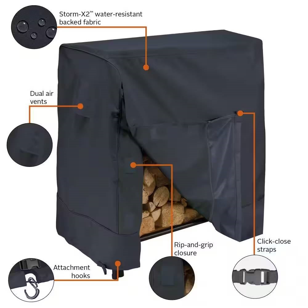 Black Firewood Rack Cover - Fits 4-ft. Log Racks with features like Storm-X2 fabric and dual air vents to protect against the elements.