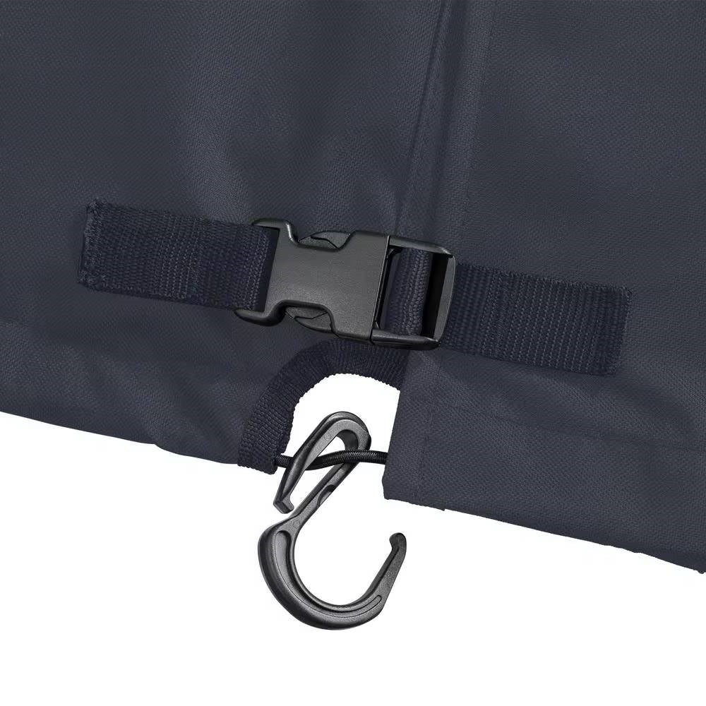 Close-up of Black Firewood Rack Cover - Fits 4-ft. Log Racks showing secure buckle and hook design for protection.