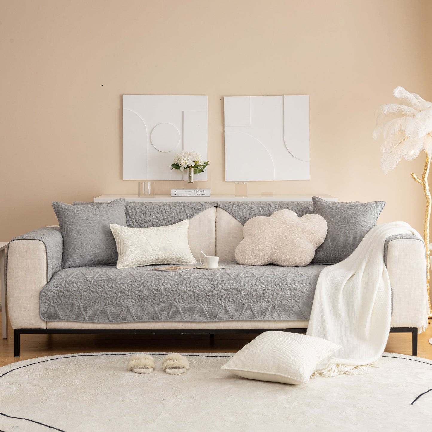 Geometric Textured Cotton Quilted Sofa Cover, Non-Slip Washable Couch Protector in a modern living room setting.