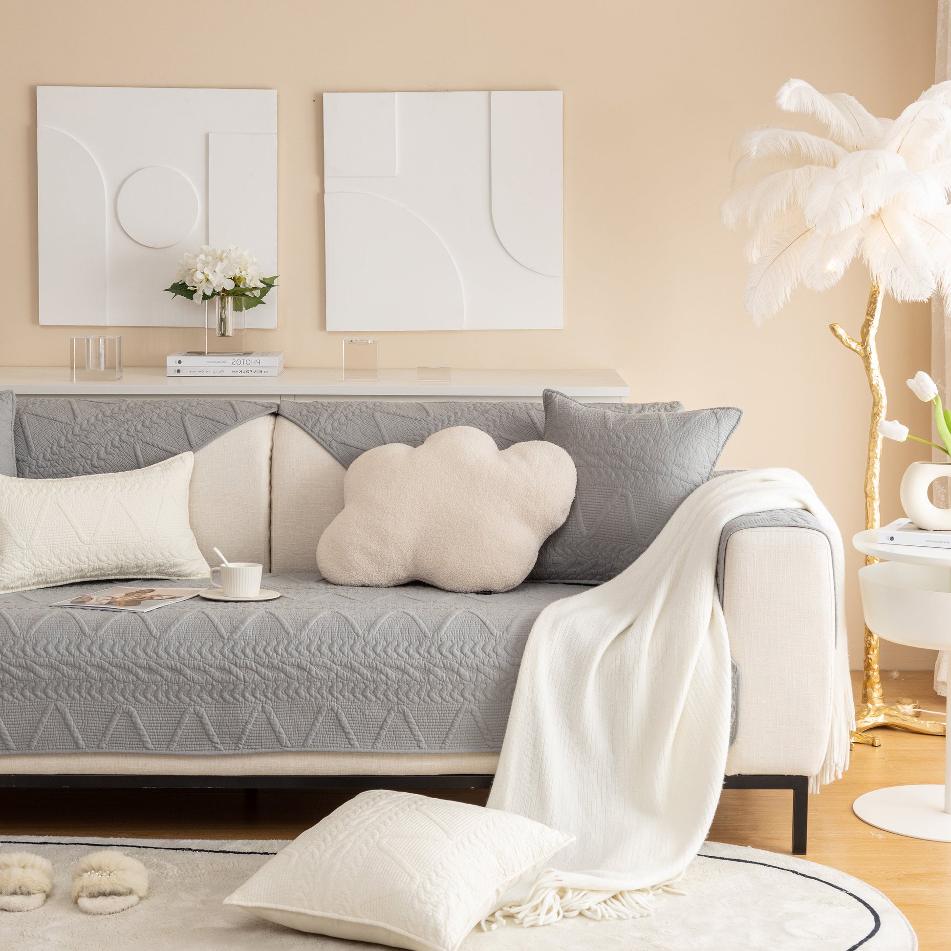 Geometric Textured Cotton Quilted Sofa Cover, Non-Slip Washable Couch Protector in elegant living room setting.