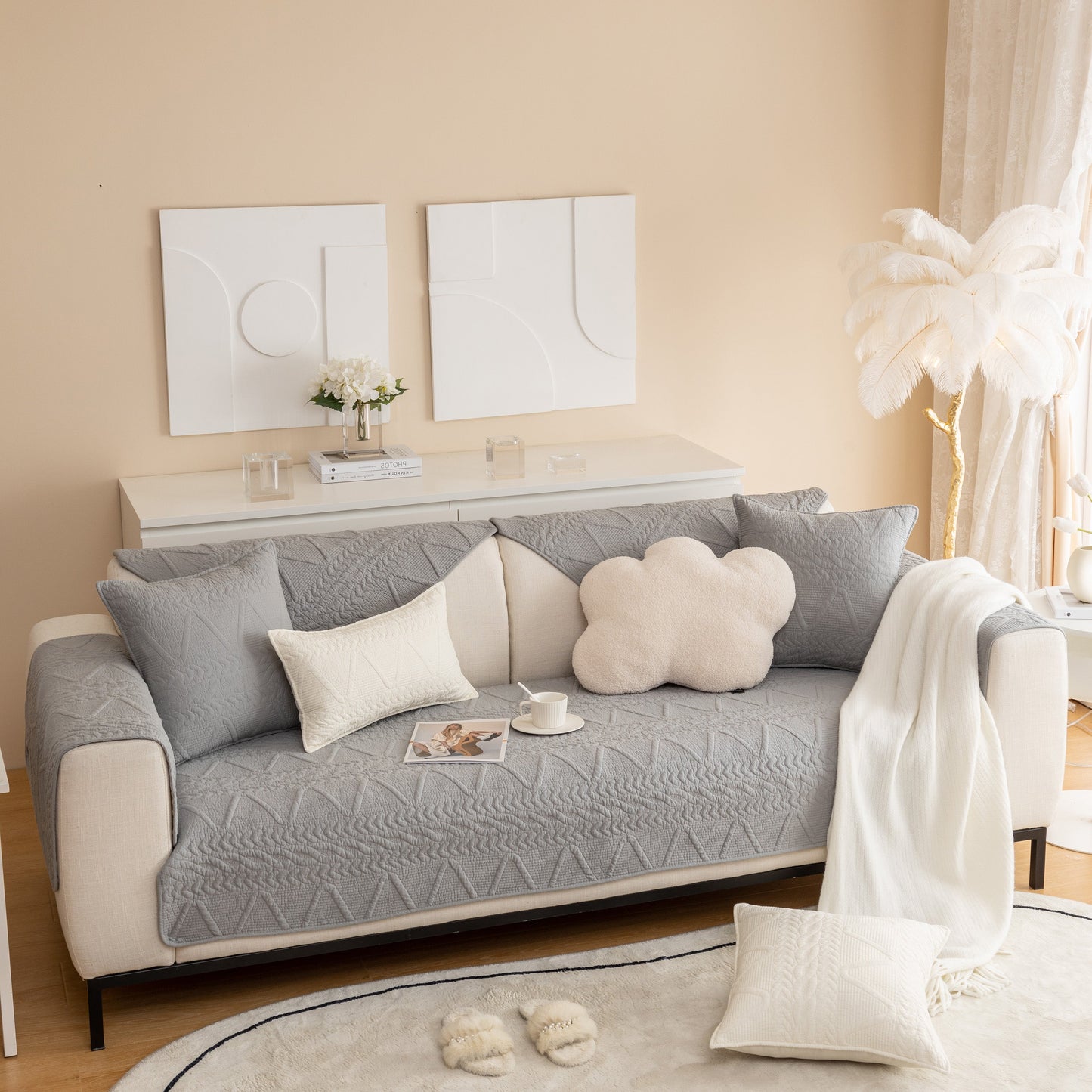 Geometric Textured Cotton Quilted Sofa Cover, Non-Slip Washable Couch Protector in modern living room setting