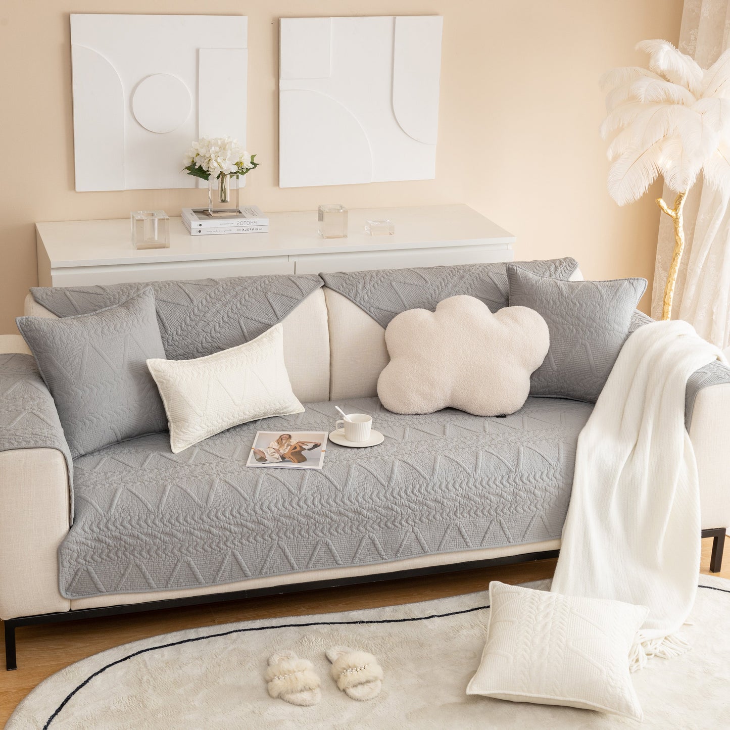 Geometric Textured Cotton Quilted Sofa Cover, Non-Slip Washable Couch Protector on a modern living room sofa