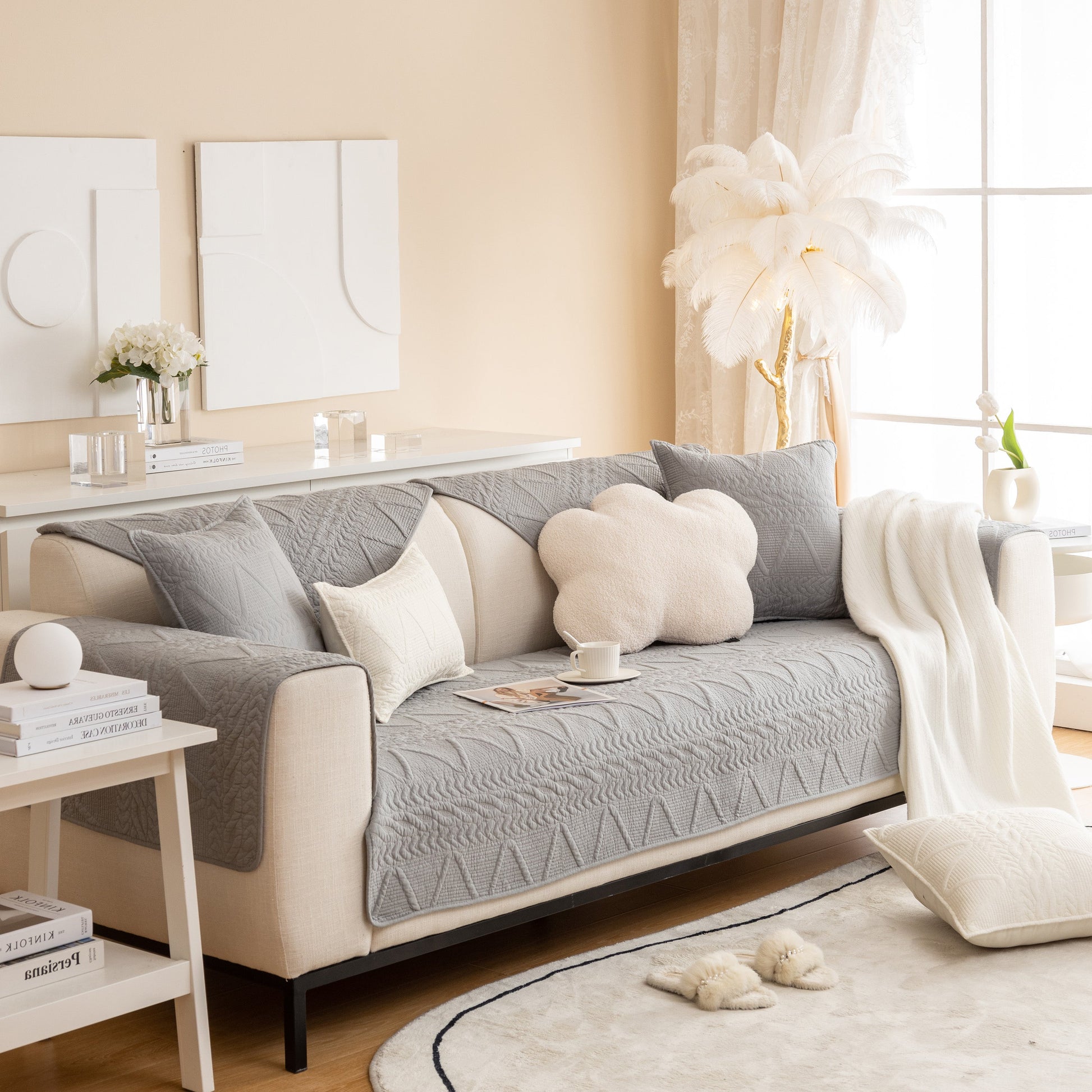 Geometric Textured Cotton Quilted Sofa Cover, Non-Slip Washable Couch Protector in modern living room setting.