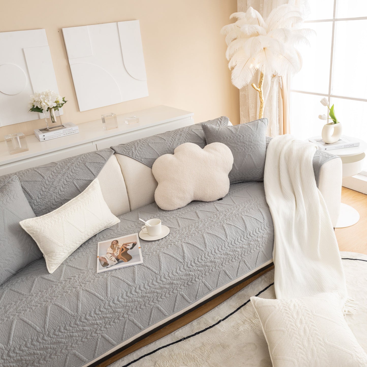 Geometric Textured Cotton Quilted Sofa Cover, Non-Slip Washable Couch Protector in modern living room setting.
