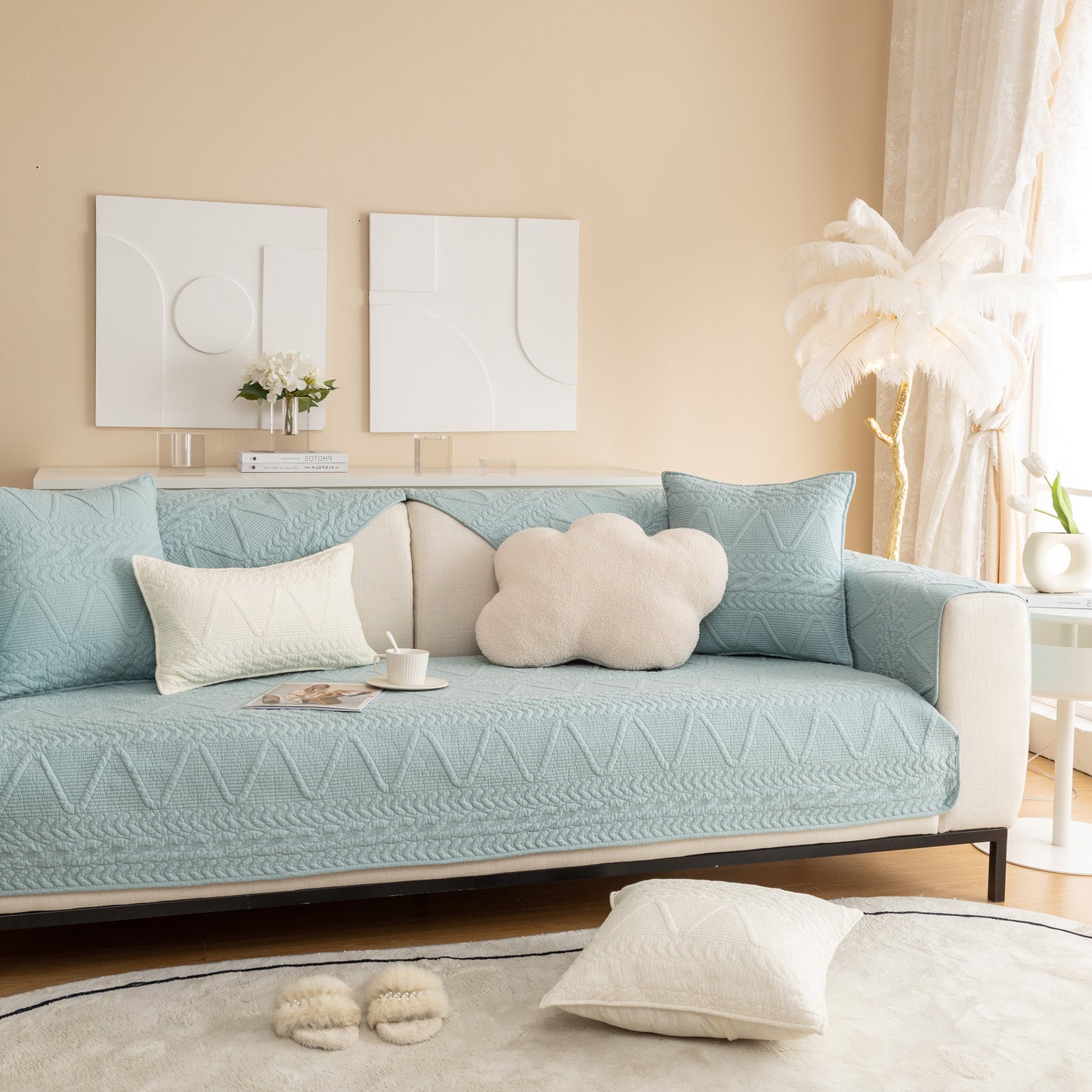Geometric Textured Cotton Quilted Sofa Cover, Non-Slip Washable Couch Protector in pastel room setting