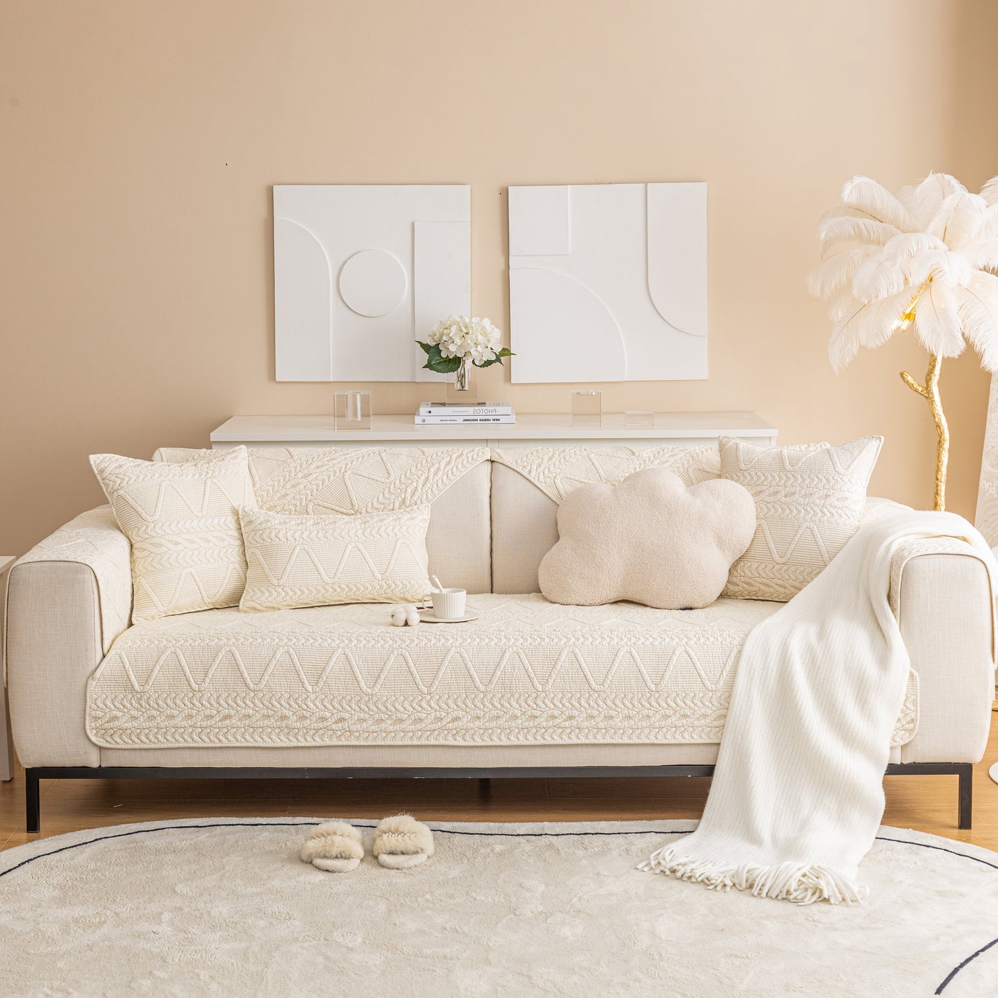 Modern living room with Geometric Textured Cotton Quilted Sofa Cover, Non-Slip Washable Couch Protector adding comfort and style.