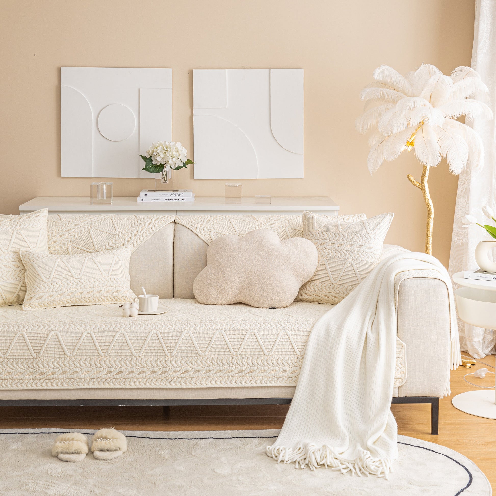 Geometric Textured Cotton Quilted Sofa Cover, Non-Slip Washable Couch Protector in stylish modern living room setting.